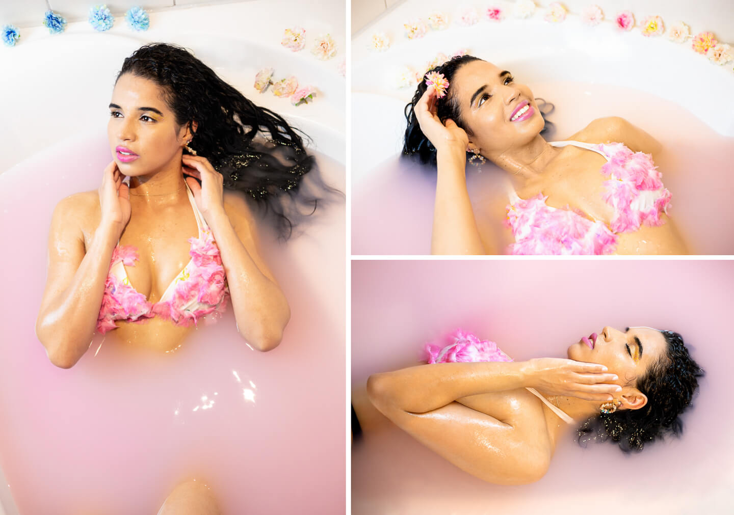 Frau-Portrait-Badewanne-Blumen-Wasser-Fotoshooting