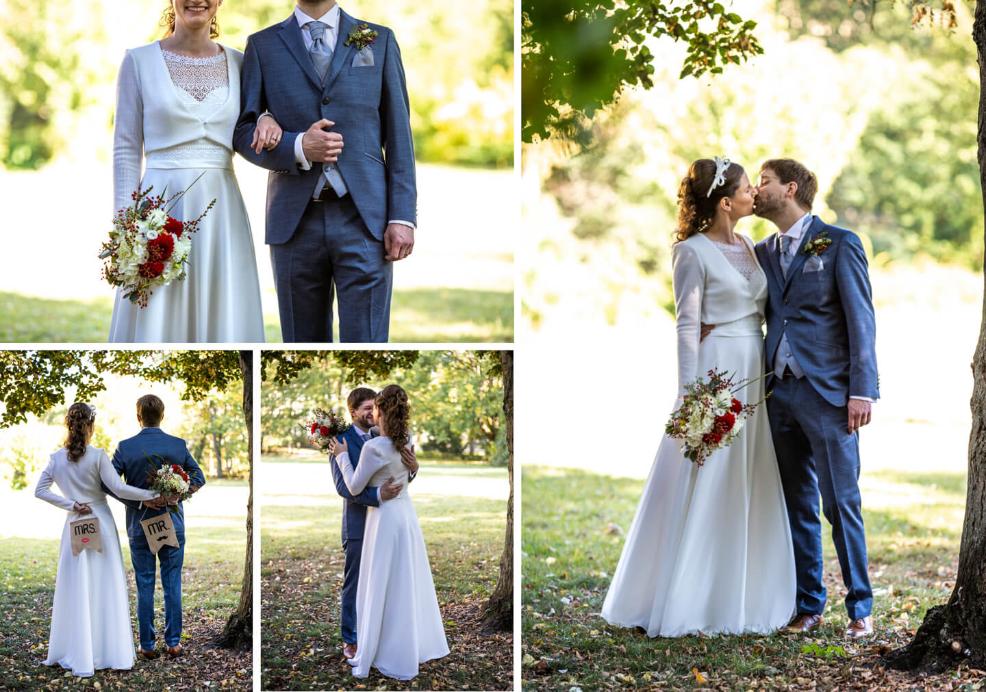 Hochzeit - Brautpaarfotoshooting vor der Kirche im Park vor der Kirche