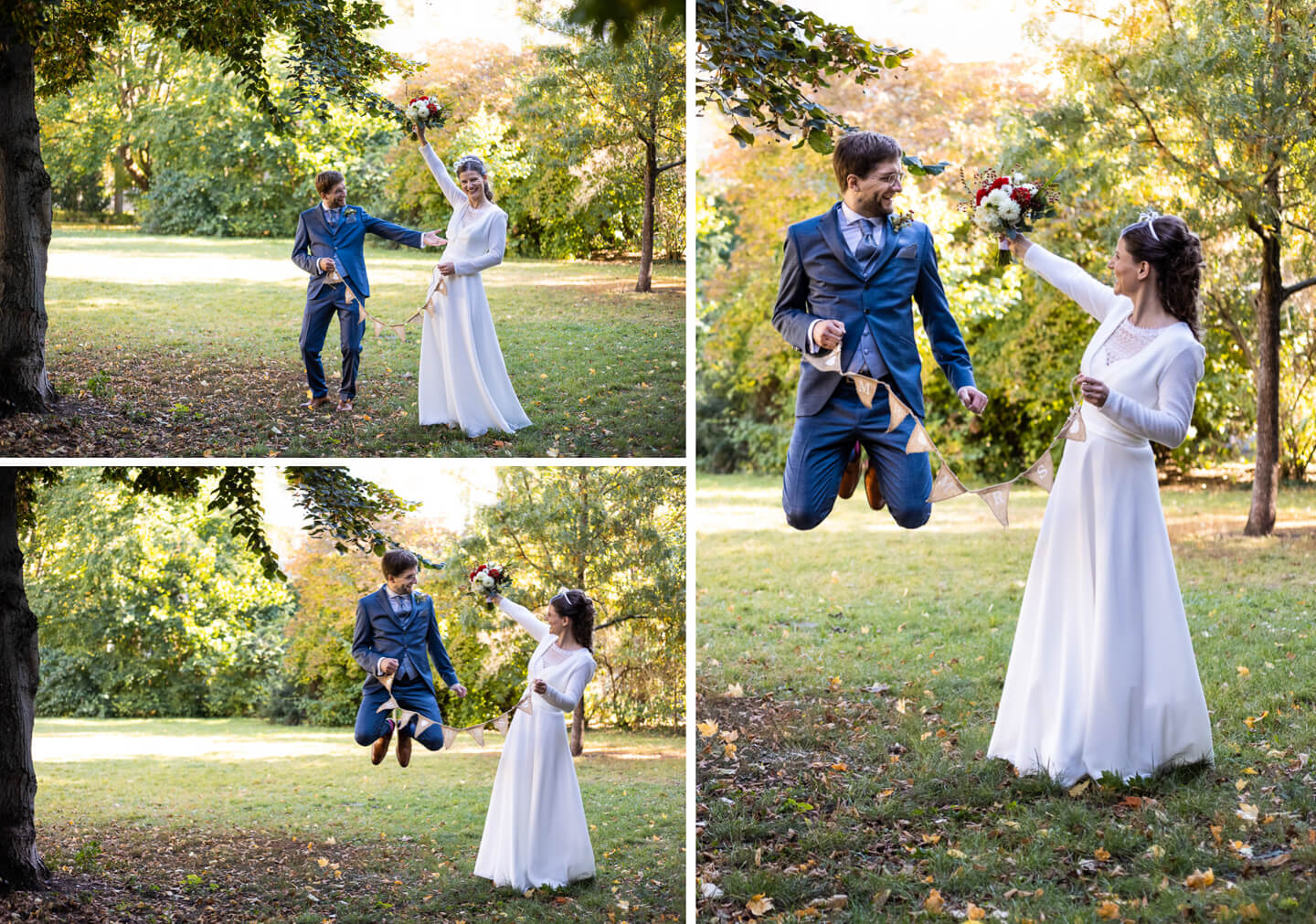 Hochzeit-Beim Brautpaarfotoshooting - Bräutigam springt in die Luft